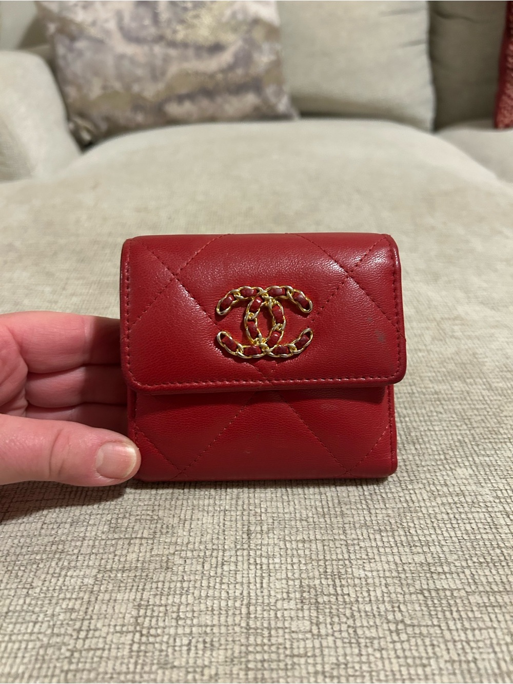 Authentic CHANEL Red Quilted Mini Wallet with Gold CC Accent